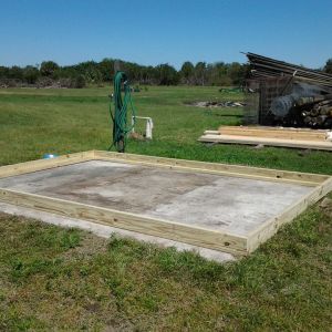 We already had a concrete slab; it was the old equine wash rack; the old coop was here and since we are in Florida and have bobcats, coyotes, and rattlesnakes in the backyard (well, not literally, but surrounding us), I wanted the added security of knowing that nothing could dig under the coop so we planted the new coop on this slab.*