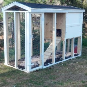 10X4, 4X4 coop.  Nesting boxes on back side.  The front door is split in half, top half opens to fill feeder, waterer or open the whole door to clean coop.