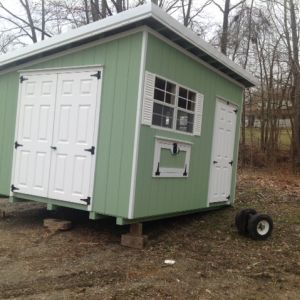 10 x 12 shed roof, coop divided down the middle with storage.
18 inch overhang, metal roof.
Nest Door access 36 long 18 inches high.
double doors on coop side for easy cleaning.
Will put coop doors and both sides of double doors.
Can divide the coop and run in half later, if need be.
Doors are fiberglass.