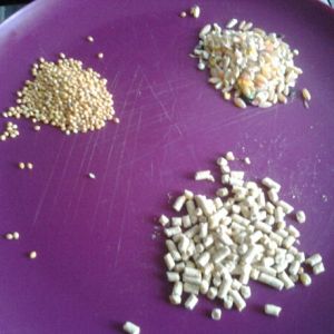 Clockwise: mixed grains, pellet and parakeet seeds.