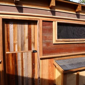 detail of the front of the coop with all the different types of materials