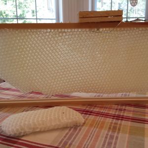 Drawn comb under the queen cage