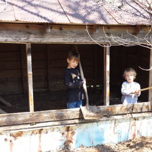 My boys helping to clean out the coop.