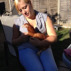 This is yang on my lap she is the noseiest  hen of them all she follows me and my mum everywhere :)