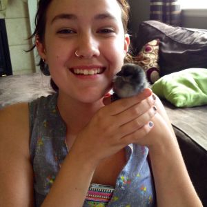 Katie with her blue silkie Cleopatra, Cleo for short :)
