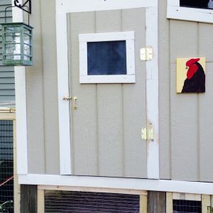 Front entry to the coop.  Complete with solar light and art work.