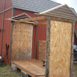 We hadn't offset the vents yet, but this is the basic structure of the coop.  It's 4 feet wide and 8 feet long.  My husband can stand up inside the finished coop and he is 6'4".  We used concrete blocks to built the foundation of the coop - we built a frame out of 2x4's with a couple of center pieces as well and then put the plywood floor on top of that.