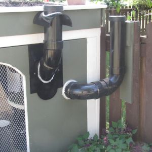 Exterior view of feed and water system. 4" pipe adjacent to the fence is for water, the next 4" pipe over is for feed, this makes for easy access as we replenish supplies