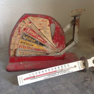 Favorite poultry antiques, fresh from Grandmas farm! "Jiffy-Way Egg Scale" and "Adjusto Brooder Thermometer"