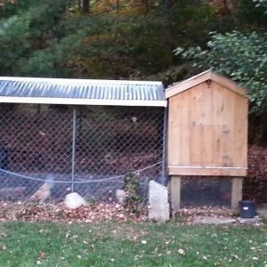 View of the coop and run, just finished adding the metal roof to the run. Now they should stay pretty dry  when it rains and hopefully when it snows most of it will stay out.