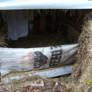 Feed sack helps me contain the bedding materials when I open the back wall up.