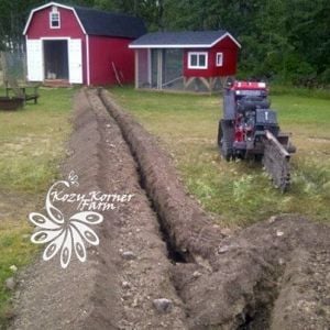 Trenching for 100 amp service.  The coop will have 2 GFI outlets inside, a bathroom fan for ventilation & an outside light.