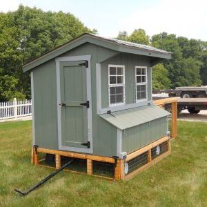 5 x 6 Chicken Coop with Painted LP SmartSide (Light Green w/ Light Gray), shown with tractor package and chicken run