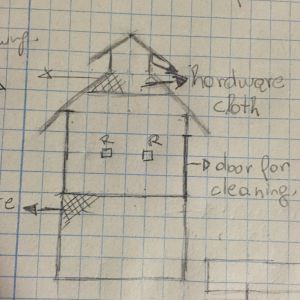 Side view of changed roof design. Ventilatiion on the top, all the way accross both ways and also from the trap door. Is it enough for GA summers? 
2 story main tractor, plan is to have lower part all enclosed in hardware cloth, keep water, food, dust box. top with roosts and nests. Separate run attached to main coop to be easily moved. 
Roosts 12" high, with 18" clearance before vents to avoid drafts.