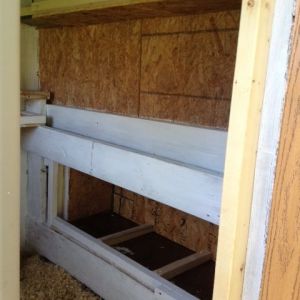 Nesting boxes.  They now have dividers and a curtain covering it.