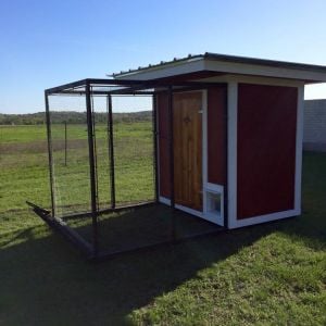 Movable Chicken Coop & Run on a metal frame sleigh with customized wood house.  Automatic sliding door on timer for opening and closing.