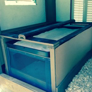 Nest box / poop board / roost. Blocked off with cardboard since it will be a while till they lay