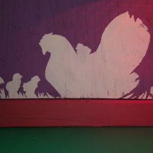 I just liked this silhouette of a mother hen with her chicks that I saw on google. I printed it out, cut it out, and stenciled it onto the back of my mini brooder with cece caldwell voc free paint.
