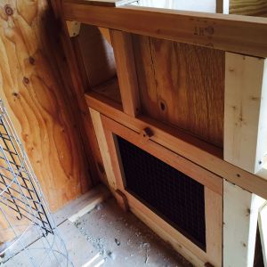 Mesh end of brooder box.  Hole gets cut in the mesh to make a "safe house" for little ones growing out, or door can be removed for a broody space.