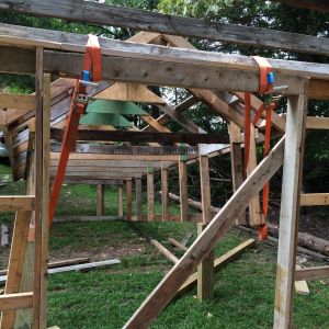 Here you can see the straps I used to lift one end of the roof onto the ceiling joists.