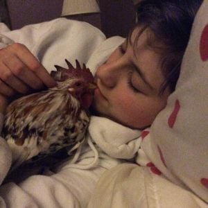 Emma and our rooster Basil