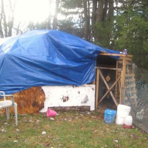 this was my car tent 12 by 20ft. we added it to the coop and covered both ends with tarps
