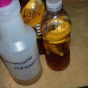 This is an all natural, everything cleaner/ disinfectant.  As you can see I am almost out so I'm making a second batch, this time  divided the recipe in half and put it in two water bottles.