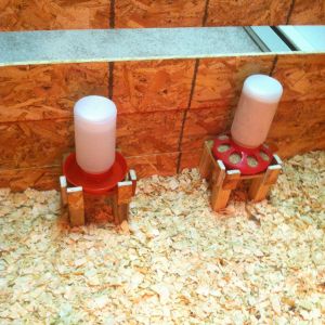My latest attempt at keeping the feeder and waterer clean and upright.