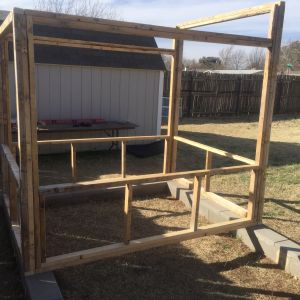 A bit more time today. Some more basic framing completed. Plywood arriving tomorrow. Also 3 windows on hand. Space under the coop will be sand for the girls to play. As I said before, the entire structure will be modular and can be disassembled/reassembled in one day!  This does however create some challenging design issues. Nothing this old bird can't handle.