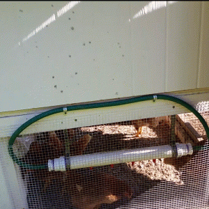 Chicken watering system with 25 watt heater and a 5 watt fish pump in the bottom
2" pvc pipe with nipples