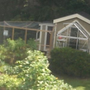 View of my shed, greenhouse, garden, coop and run