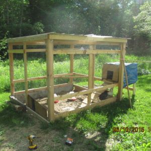 The coop I built in June, 2015. 8' square-6' tall. Rough-cut hemlock made of 4" x 4" x 6' cants. The 2" x 4" are rough cut hemlock ans spruce. All bought from a local mill.