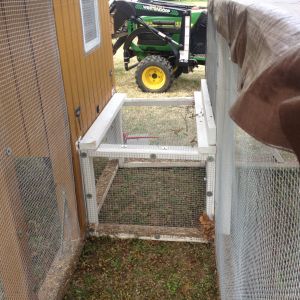 Entry way installed and the jack on the back of the coop is lowered to hold it in place.  Then we lower the wheels and it is in place.