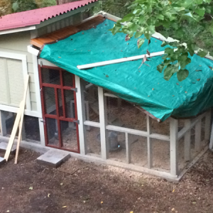 The red roof is corrugated asphalt material. For the run, I screened in the top for extra protection, and used a tarp until the real roofing was installed.