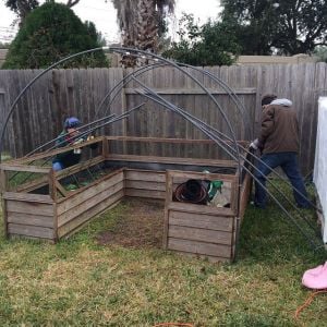 Step 1...Jan 2015,  Paul & Gene starting construction of the main chicken coop.  Converting U-shaped garden to fully enclosed Quonset Hut.  Size 8'x8', wood frame door and rear wood frame for nest boxes, shelf & A/C.  Covered with 3 mil poly sheeting, vapor barrier & tarp. 2-4'x8' Insulation Sheathing on roof under tarp.