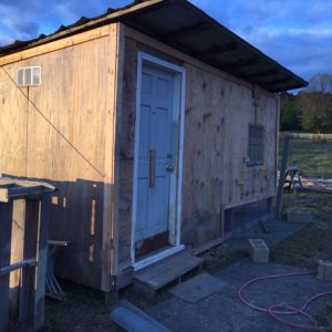 Door to coop you can see was cut in half, so that the bottom can be closed but the coop can still get the needed fresh air. Apron was still being added at this point.