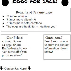 Here is a handout to give to people about your eggs when your beginning to sell them :) You can also post them on poles to spread the word