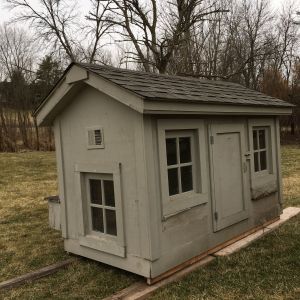 A used coop we received for free.  Inside dimensions are approximately 7.4' x 3.3'.  Inside height at eaves is 4' and at peak is 5'.  The front windows had flower window boxes that broke during the move.  They are inside the coop.  Coop was raised on 4x4 but hubby had to cut off legs in order to move it.