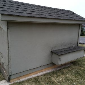 Back side.  The nesting boxes are pulling away from wall, and there's water damage.  My husband will try to reattach and caulk to see if we can prevent further water entry. Otherwise, we may need to rebuild them.