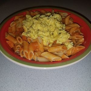 Simple but yummy: Pasta with tomato sauce and scrambled Duck eggs
