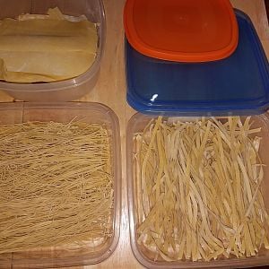 Counterclockwise: Lasagna plates, Spaghetti and Fetuccine