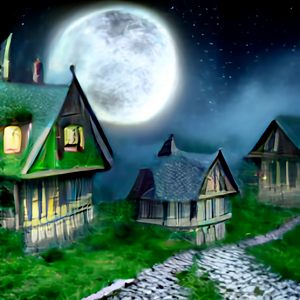 beautiful fantasy village with full moon
