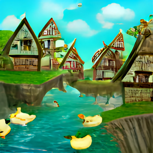 a beautiful fantasy village with ducks