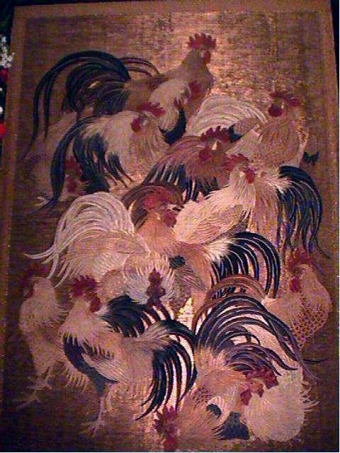 150-200 year old Japanese padded embroidery and string technique tapestry. Measures 5 feet wide, by 9 1/2 feet long.I restored this in 2000.Gold wrapped background threads.