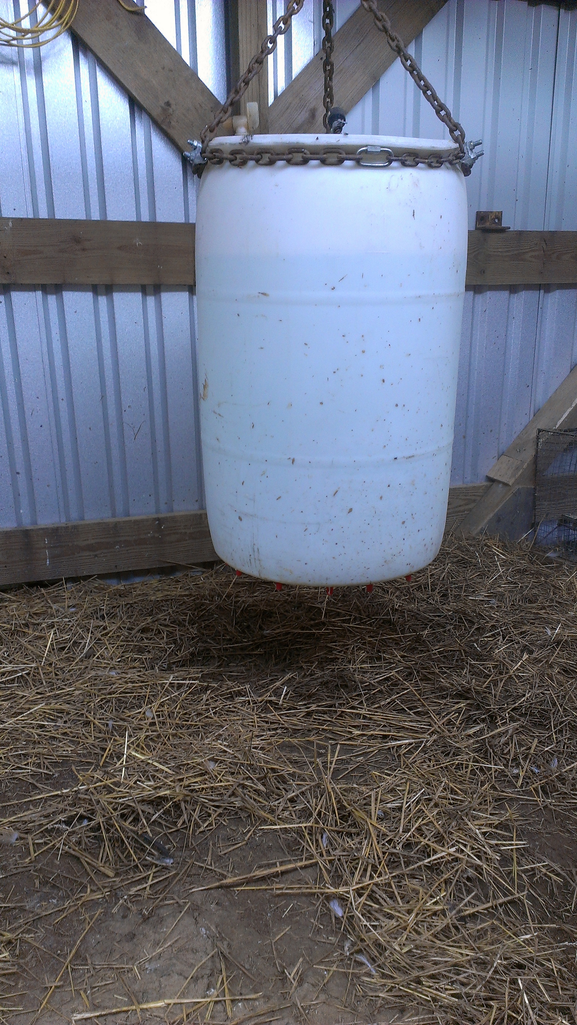 55 gallons with 20 chicken nipples in the bottom.
Works great ,Also has built in water heater element for winter.Just plug it in.