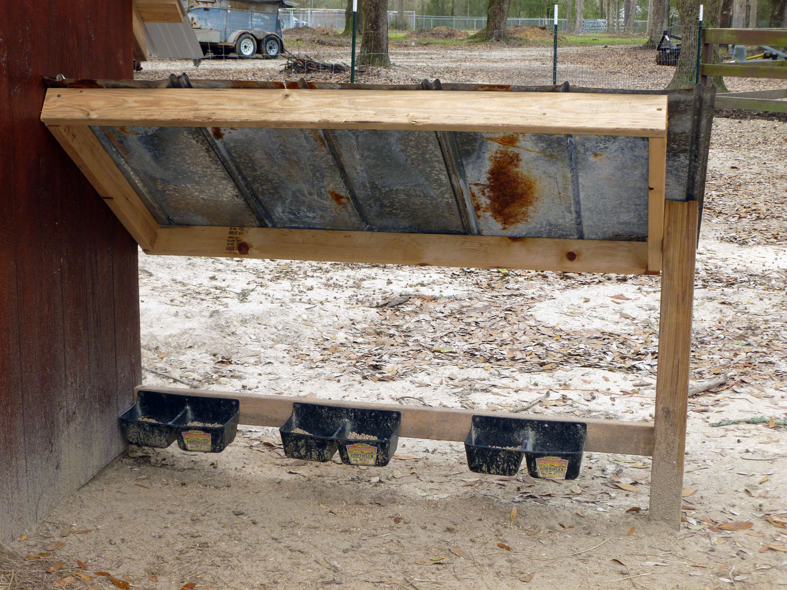 A close-up of the feeding station. We drilled small holes in the bottom of the plastic feeders in case any rain got into them. It also aids in cleaning them.