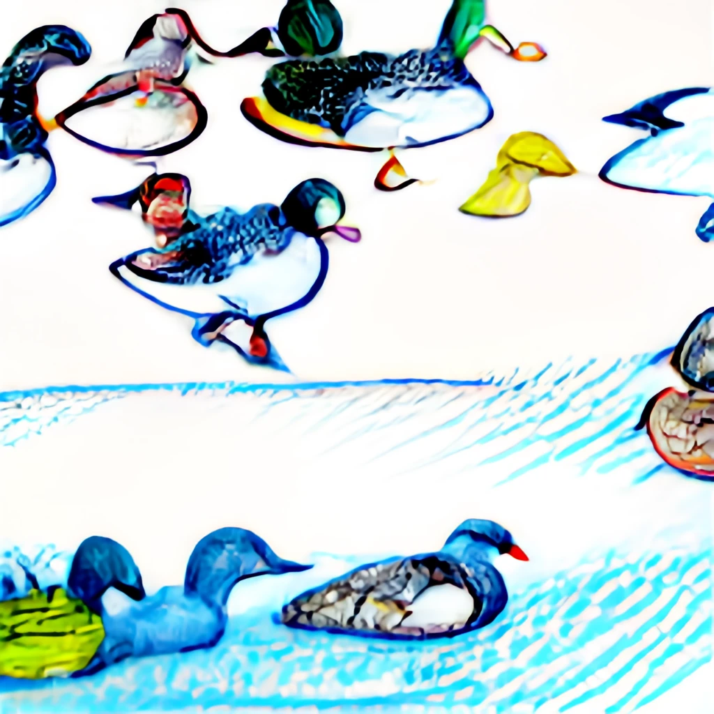 a colourful flock of ducks on a pond crayon style