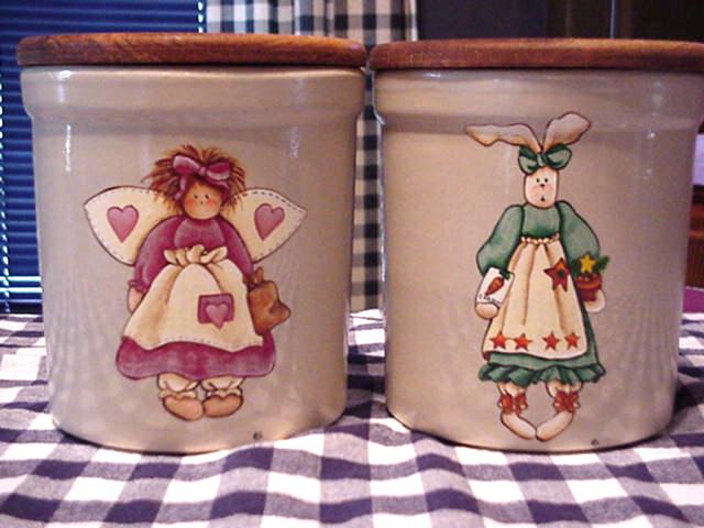 A country angel and country bunny crock. I used to paint these and sell them through Country Sampler Magazine.