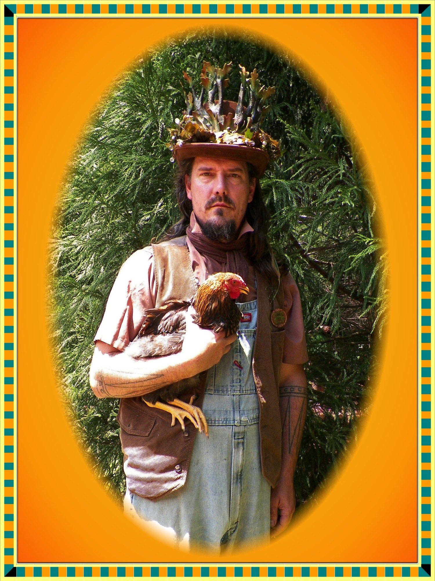 A Portrait of a Man and his Rooster. Taken for International Top Hat Day, 2013. The Rooster's name is Little John, and he is an Golden Lace Wyandotte, still learning to crow. The Man is Professional Artist to support his Gardening and Chicken Keeping habits. He also likes Top Hats.