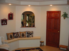 A seating area in a basement remodel. We used bullnose drywall trim with no trim on this entire job. Very Southern California-ish.